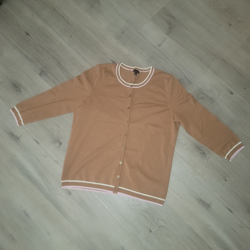 Talbots Tan Cardigan with Pink & White Trim